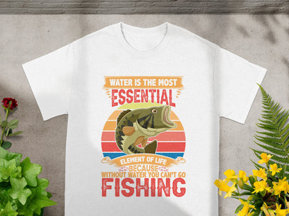 White t-shirt graphic with bass fish, sunset, and text about fishing.