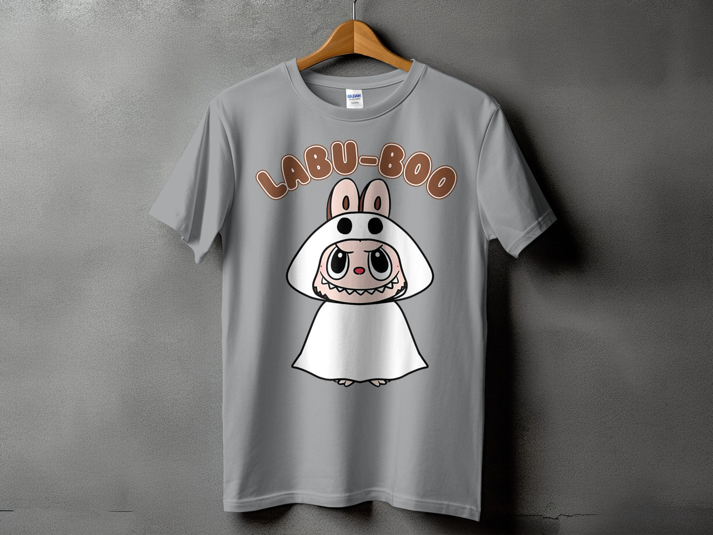 Grey t-shirt with cartoon character and "LABU-BOO" text.