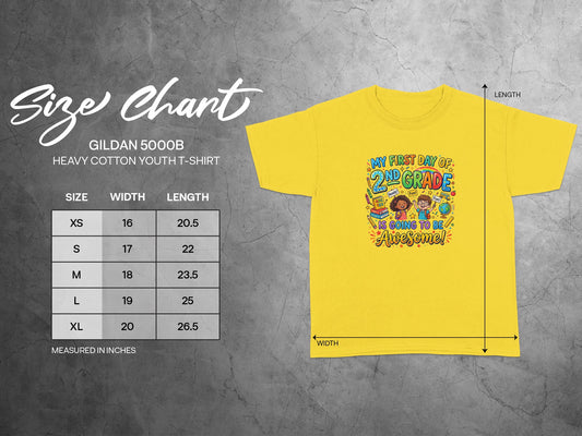 Yellow youth t-shirt with "My First Day of 2nd Grade is Going to Be Awesome!" graphic and size chart.