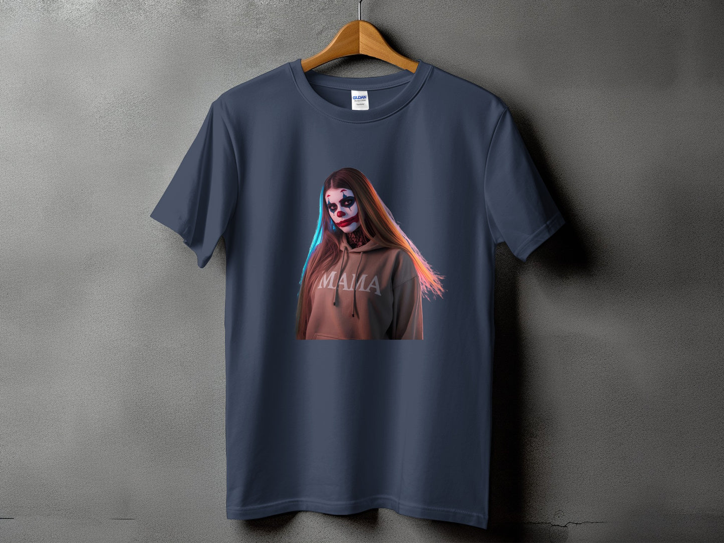 Dark blue t-shirt with graphic of woman in clown makeup and "MAMA" hoodie.