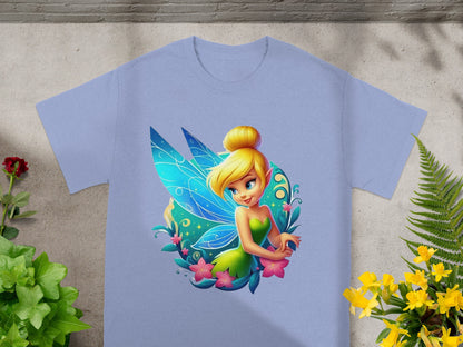 Tinkerbell with wings and flowers on a light purple t-shirt.