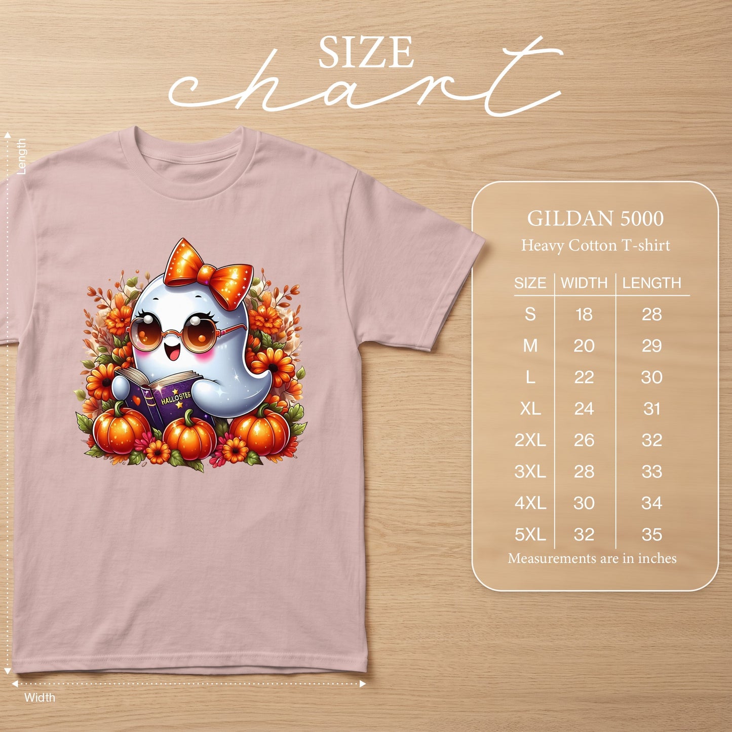 Gildan 5000 size chart with measurements for a ghost graphic t-shirt.