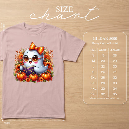 Gildan 5000 size chart with measurements for a ghost graphic t-shirt.