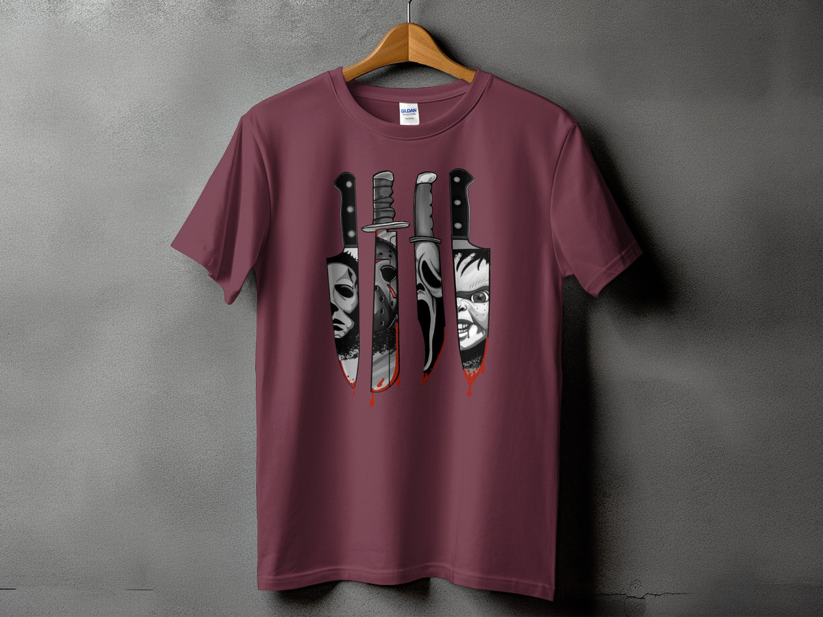 Maroon t-shirt with knives featuring horror movie villains and dripping blood graphic.