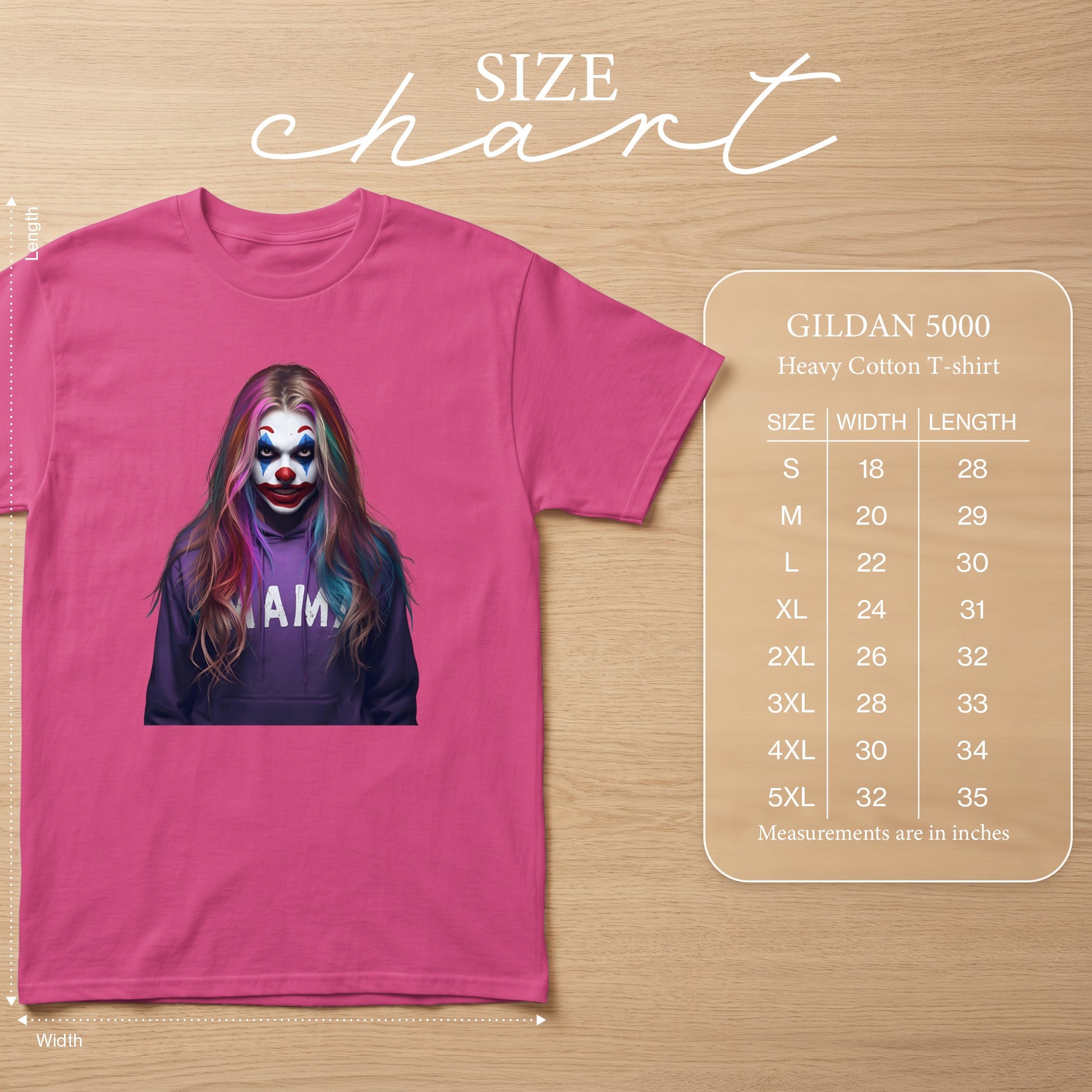 Pink Gildan 5000 t-shirt with clown graphic and size chart.