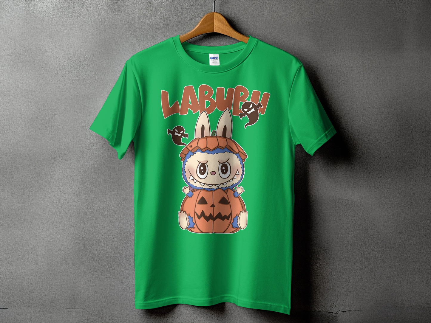 Green t-shirt with "LABUR!" text and a cartoon character sitting in a pumpkin.