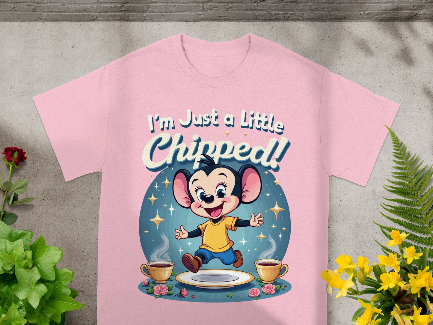 Pink t-shirt with cartoon mouse and text "I'm Just a Little Chipped!".