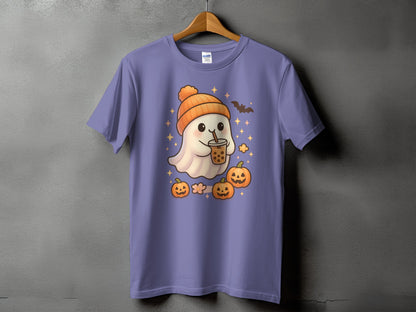 Purple t-shirt with a kawaii ghost in an orange hat holding bubble tea, surrounded by pumpkins and stars.