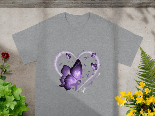 Purple Butterfly and Flowers Heart Design T-shirt