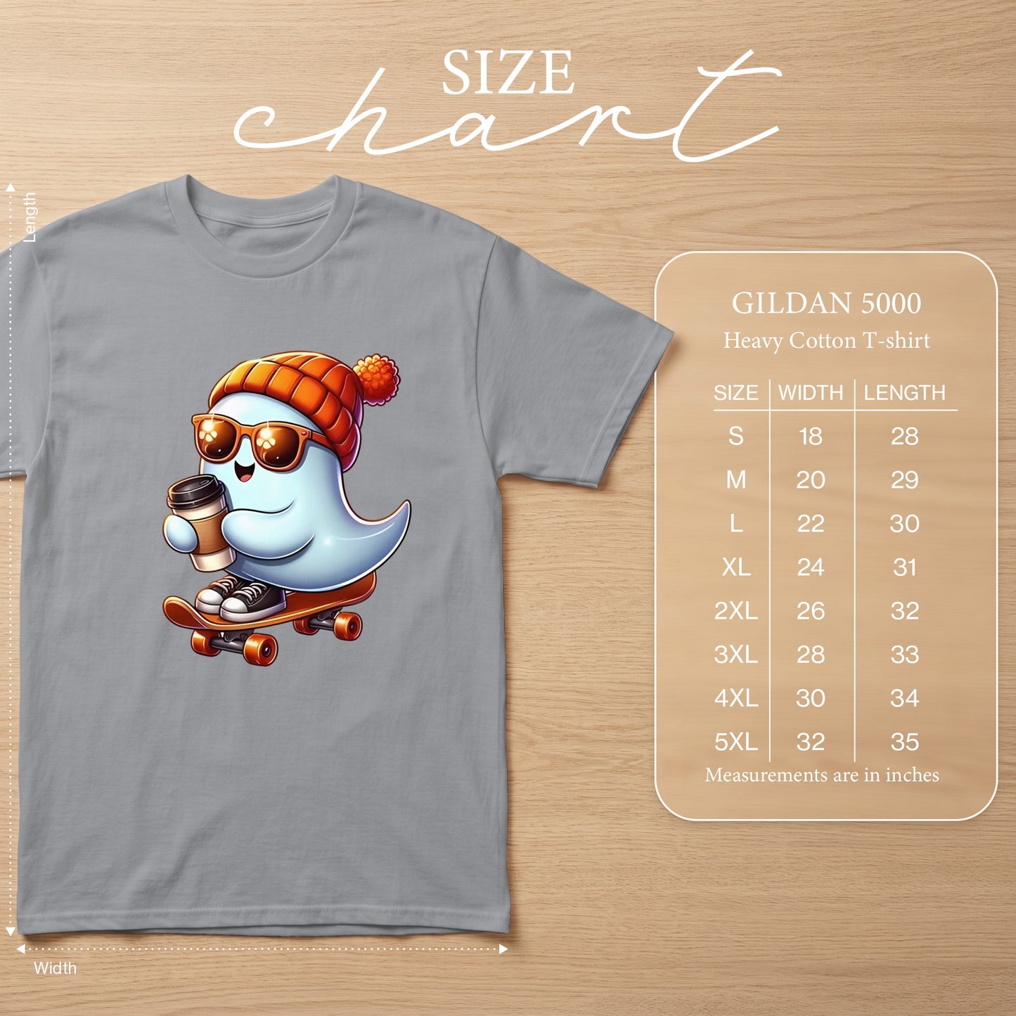 Ghost with sunglasses and beanie on skateboard holding coffee, Gildan 5000 size chart.