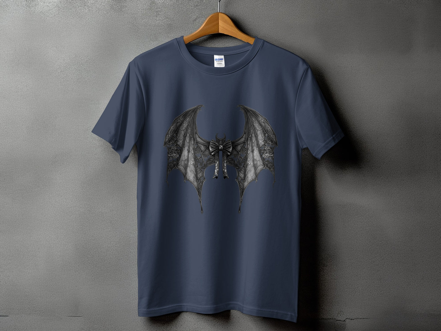 Dark blue t-shirt with a black gothic bat wing graphic and crescent moon.