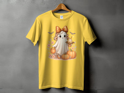Yellow t-shirt with a cute ghost, pumpkins, and a caramel latte graphic.