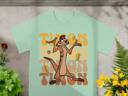 Mint t-shirt with Timon from The Lion King graphic and "Timon" text.