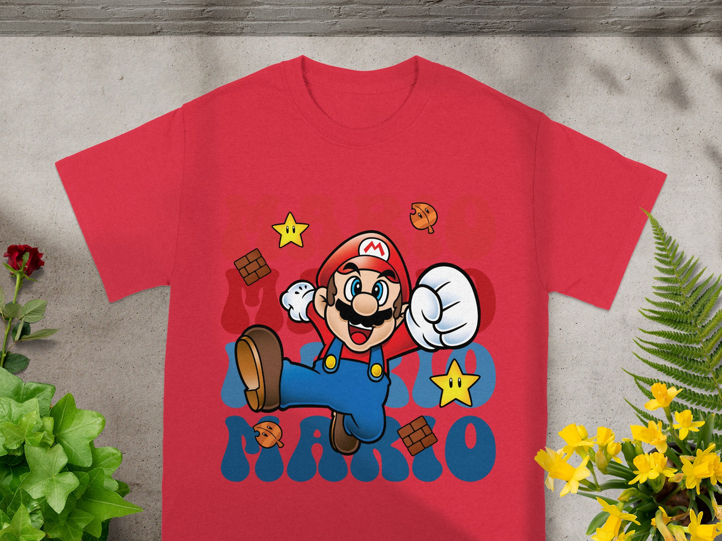Red t-shirt with Mario character, stars, and "MARIO" text.