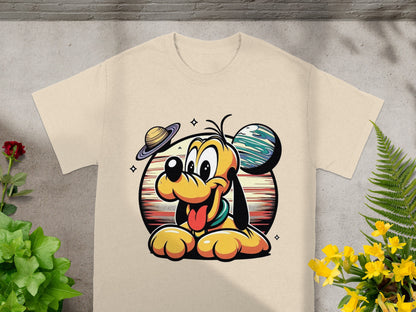 Pluto the cartoon dog wearing a collar, peeking out from behind a vintage planet graphic.