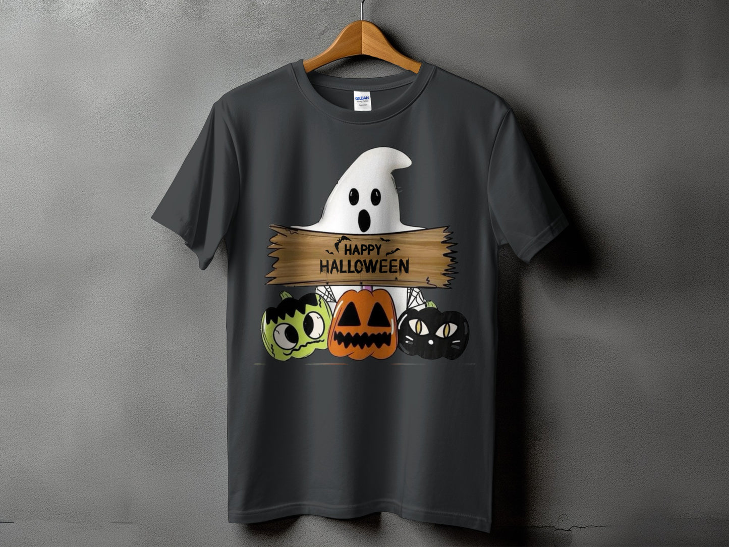 Ghost and three pumpkins with "Happy Halloween" text on a dark grey t-shirt.