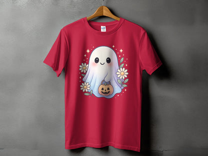 Red t-shirt with a cute ghost holding a pumpkin, surrounded by flowers and stars.