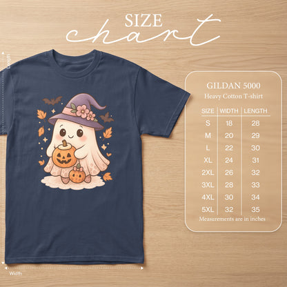 Gildan 5000 Heavy Cotton T-shirt with ghost and pumpkin Halloween graphic, size chart included.