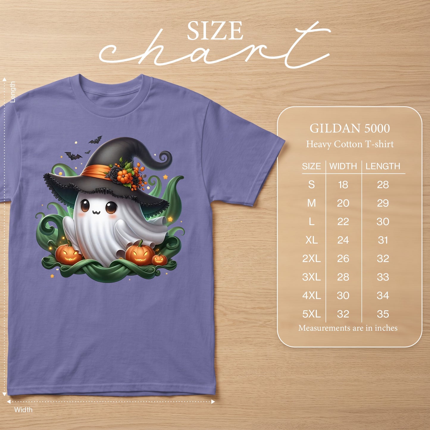 Purple t-shirt with a witch hat ghost graphic and Gildan 5000 size chart.