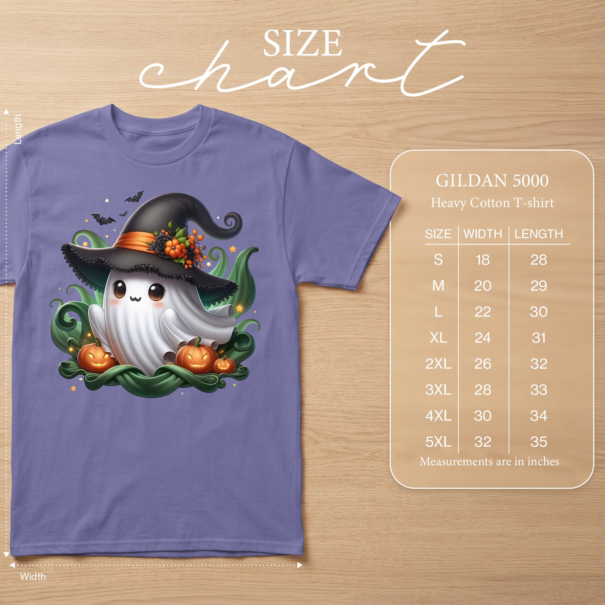 Purple t-shirt with a witch hat ghost graphic and Gildan 5000 size chart.