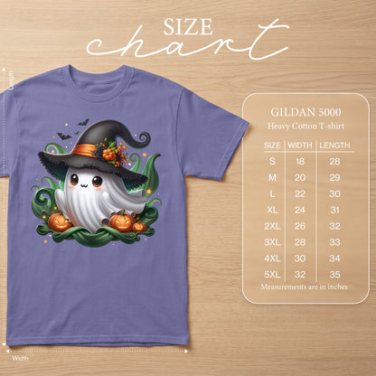 Purple t-shirt with a witch hat ghost graphic and Gildan 5000 size chart.