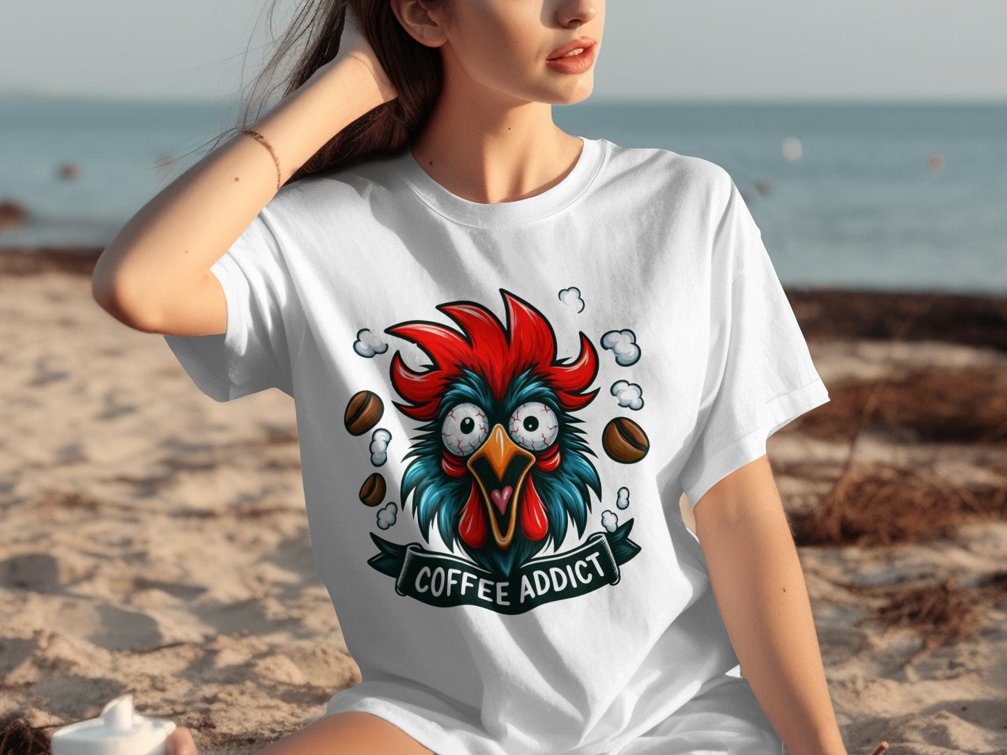 Funny Coffee Addict Rooster Graphic T-Shirt