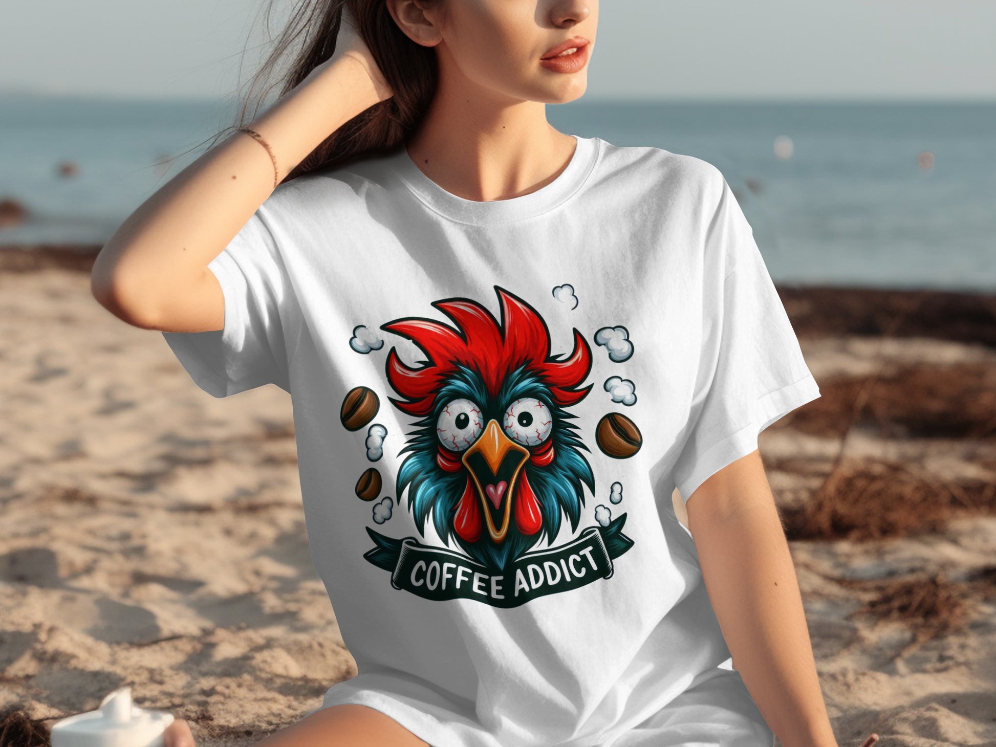 Funny Coffee Addict Rooster Graphic T-Shirt