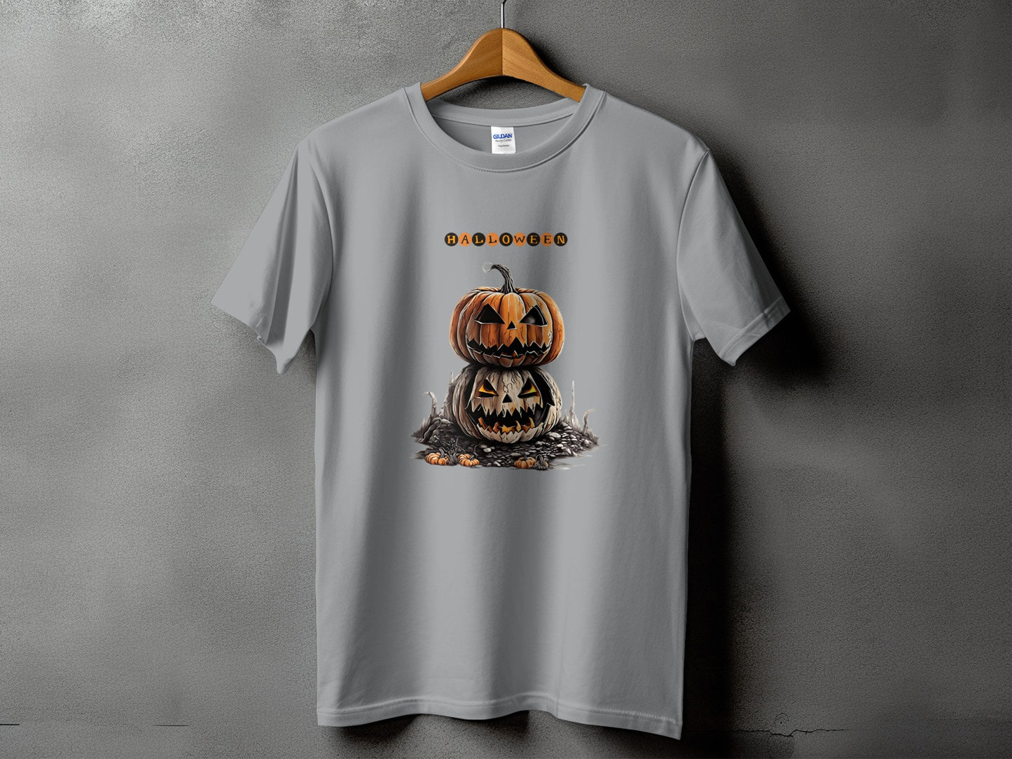 Grey t-shirt with stacked Jack-o'-lanterns and the word HALLOWEEN.