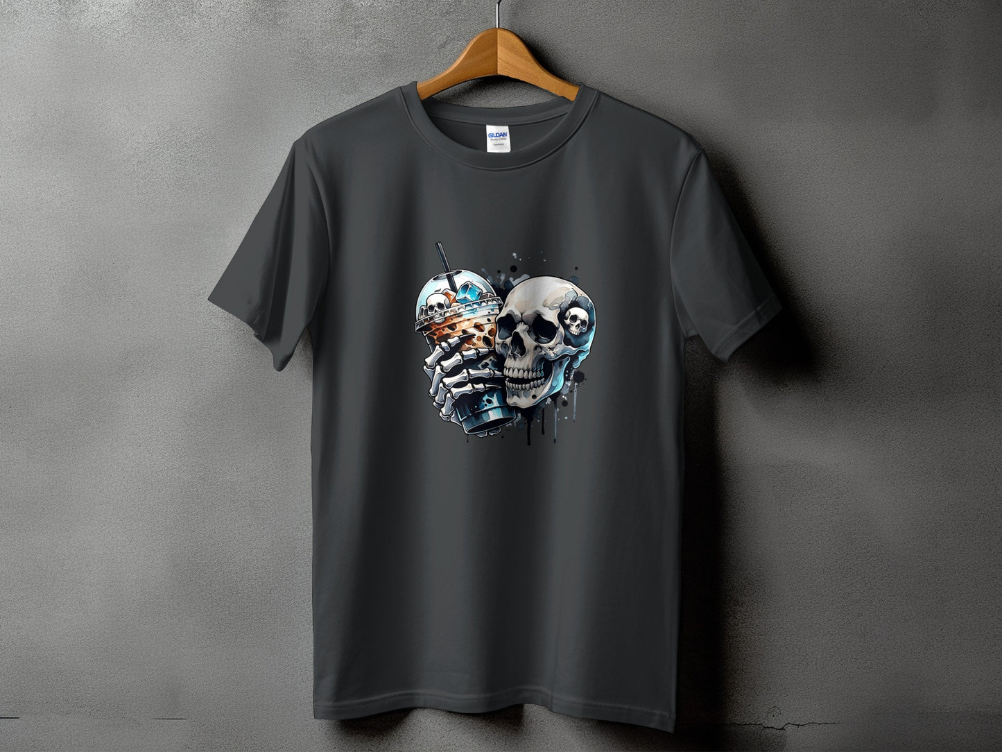 Dark grey t-shirt featuring skulls and a beverage cup graphic.