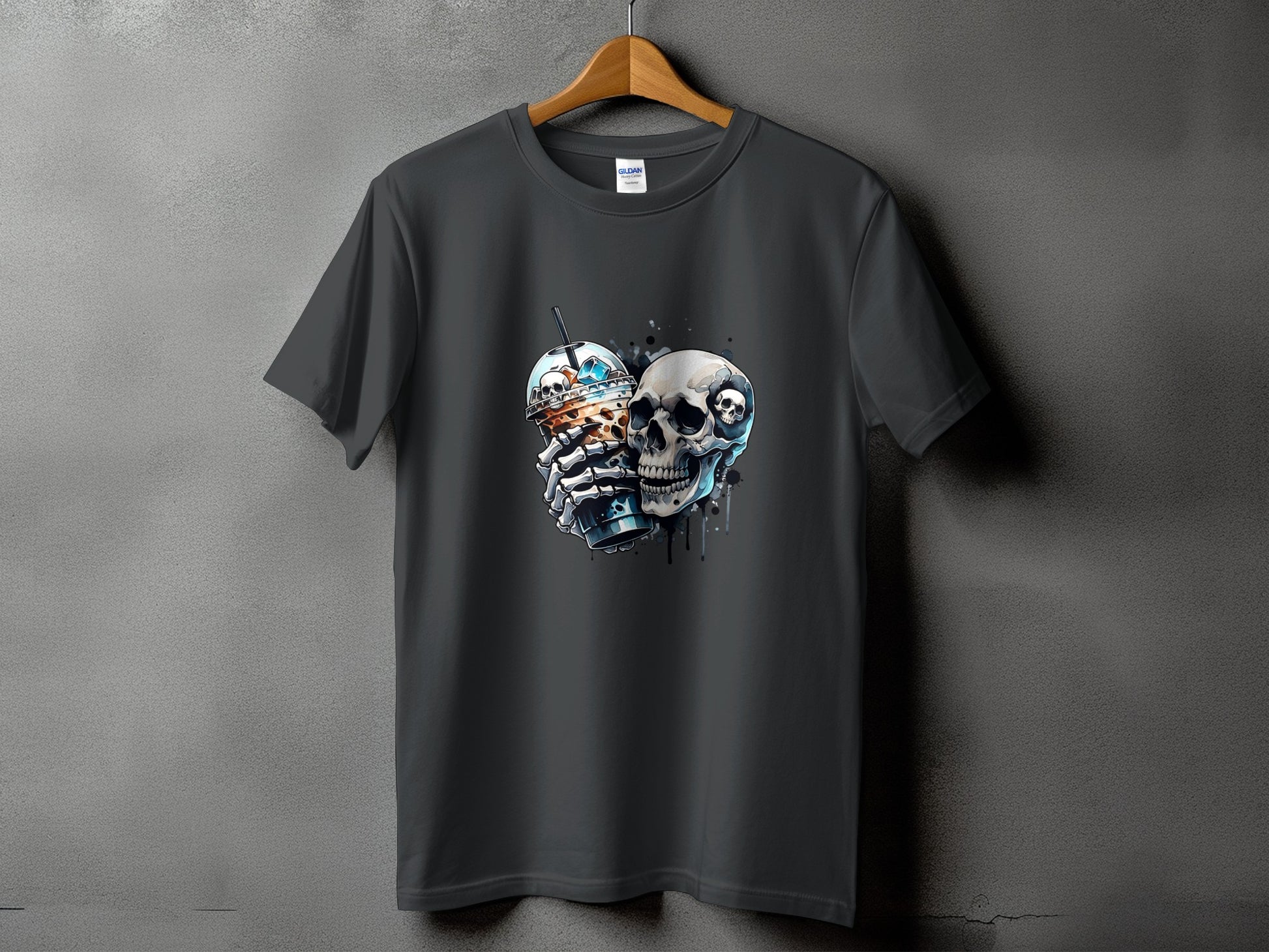 Dark grey t-shirt featuring skulls and a beverage cup graphic.