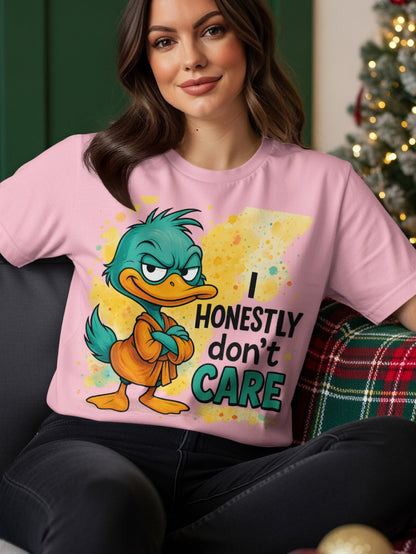 Pink t-shirt with cartoon duck and text "I honestly don't care".