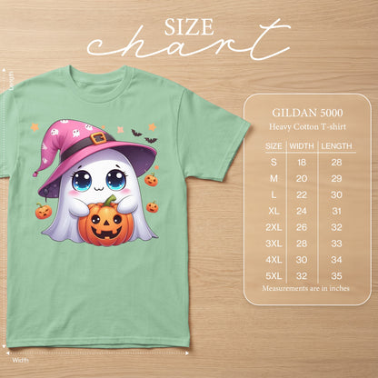Ghost wearing witch hat holding pumpkin, Gildan 5000 size chart shown.