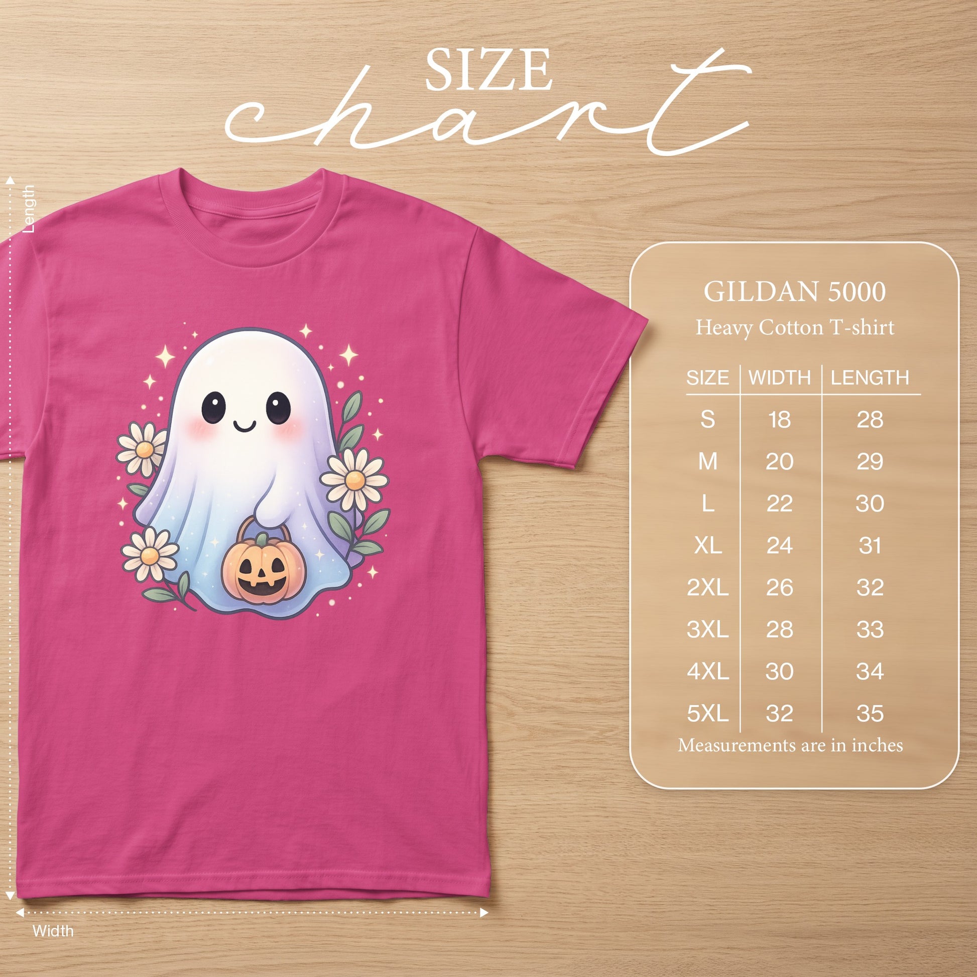 Pink Gildan 5000 t-shirt with cute ghost graphic and size chart.