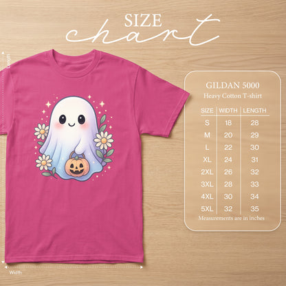 Pink Gildan 5000 t-shirt with cute ghost graphic and size chart.
