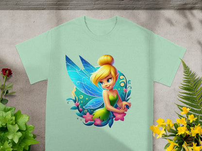 Tinkerbell wearing a green dress with blue wings on a light teal t-shirt.