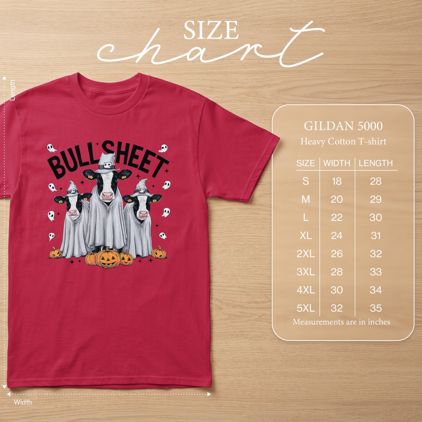 Red t-shirt with "Bull Sheet" text and cows dressed as ghosts. Includes size chart.