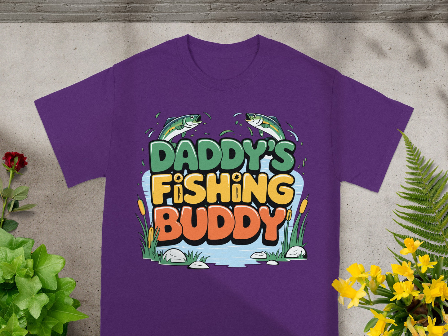 Purple t-shirt with "Daddy's Fishing Buddy" text and cartoon fish.
