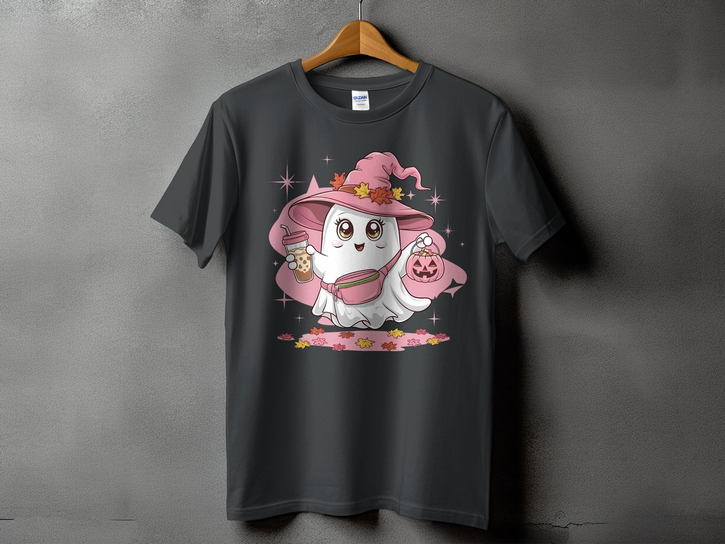 Cute ghost in a witch hat holds a boba tea and pumpkin treat bag.