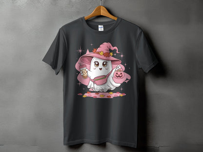Cute ghost in a witch hat holds a boba tea and pumpkin treat bag.
