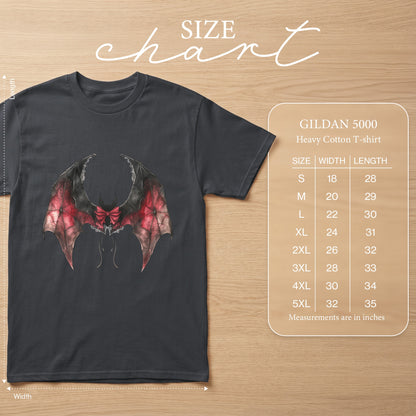 Dark gray t-shirt with a gothic bat wing graphic and Gildan 5000 size chart.