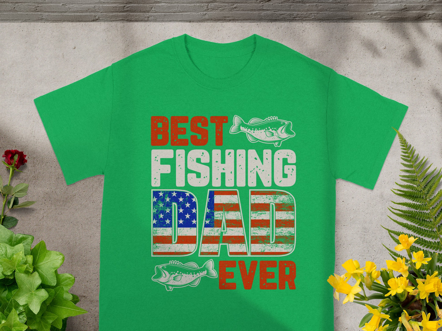 Green t-shirt with "BEST FISHING DAD EVER" text and American flag graphic.