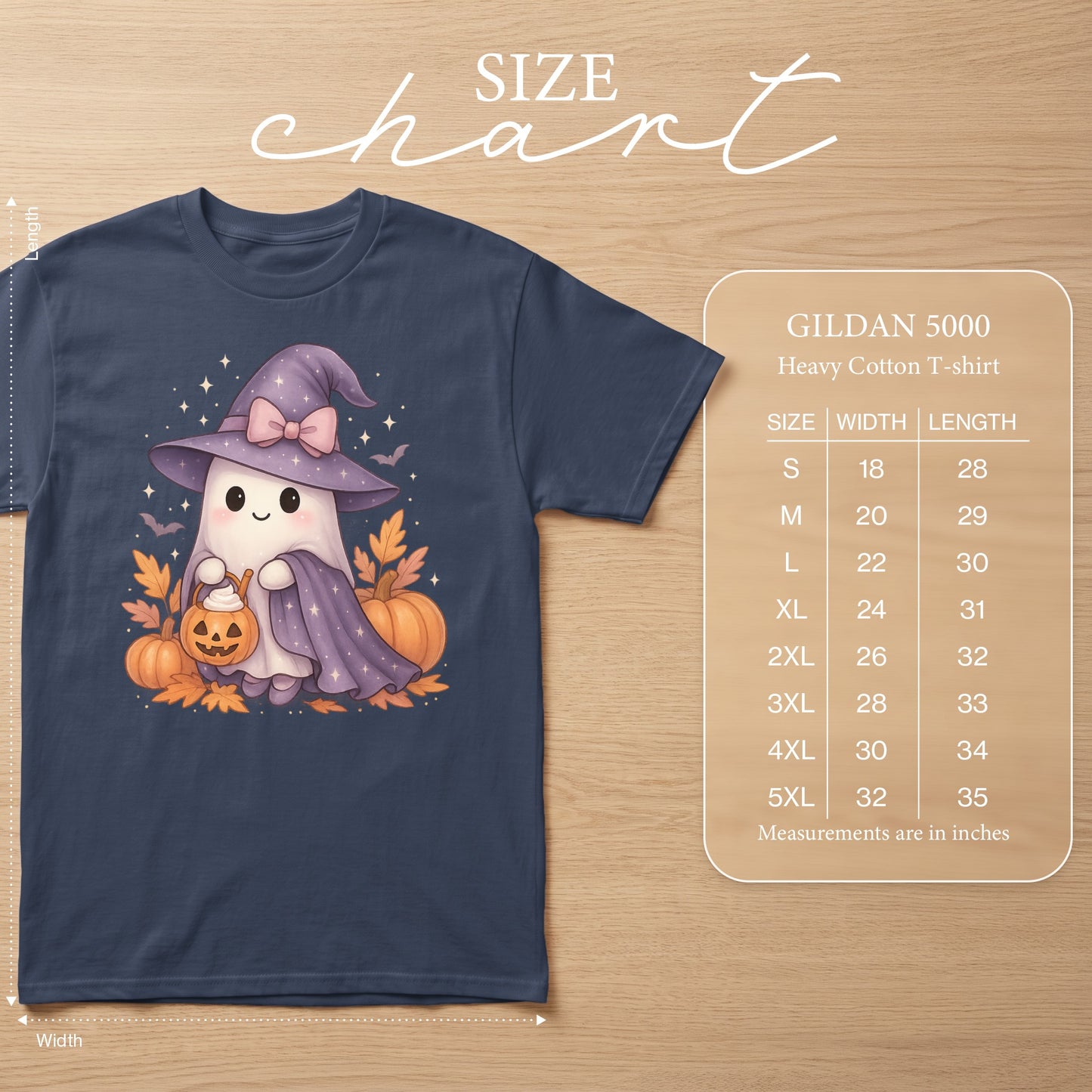 Dark navy t-shirt with witch ghost and pumpkins graphic, Gildan 5000 size chart.