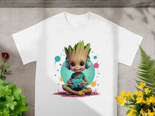 Groot wearing headphones holds a video game controller.