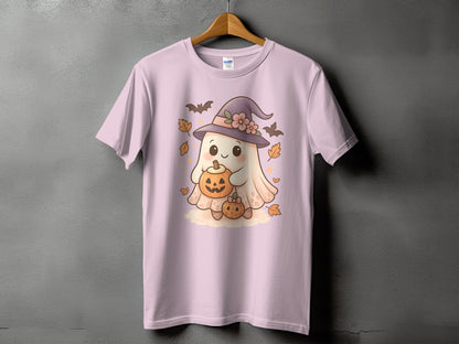 Pink t-shirt with a kawaii ghost holding pumpkins, wearing a witch hat.
