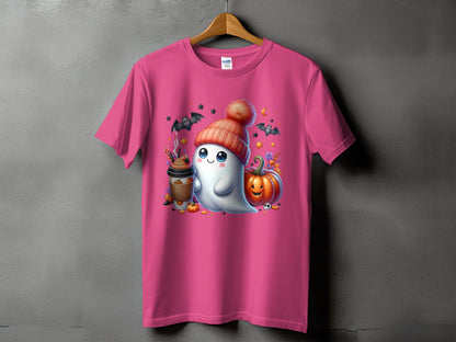 Ghost with pumpkin, coffee, bats, and stars on a pink t-shirt.
