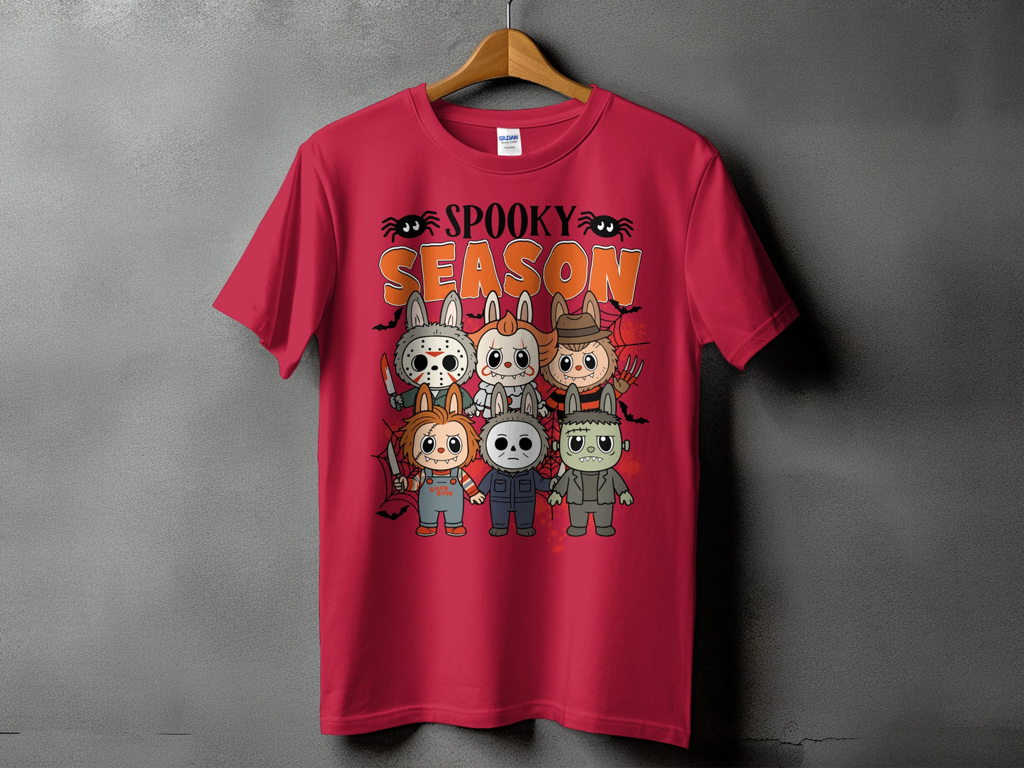Red t-shirt with "Spooky Season" text and cartoon horror characters.