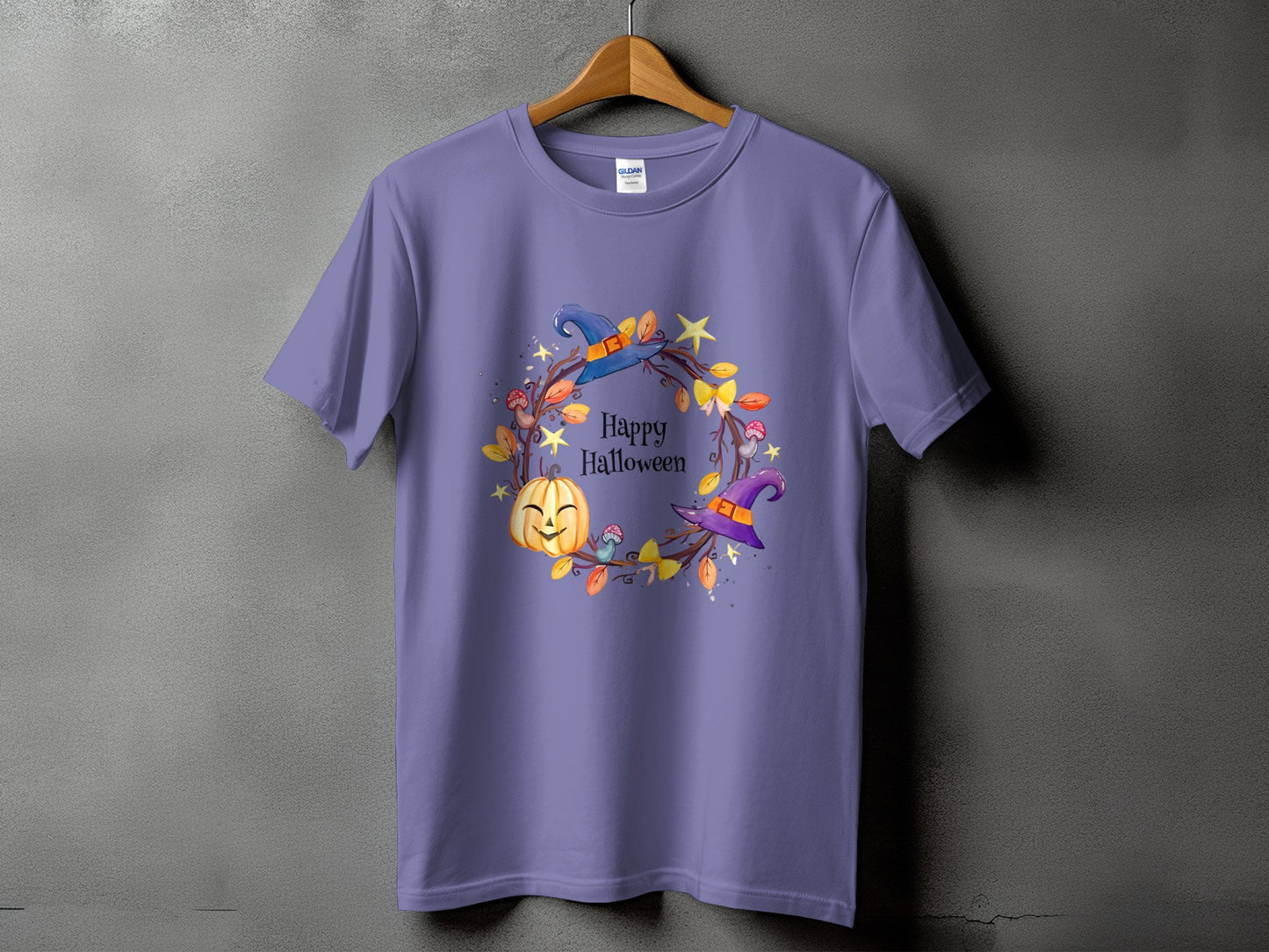 Purple t-shirt with a "Happy Halloween" design featuring a pumpkin and witch hats.