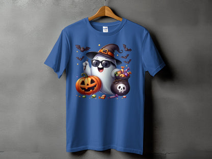 Blue t-shirt with cartoon ghost, pumpkin, candy bag, and bats Halloween graphic.