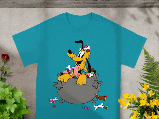 Pluto sits in a cauldron filled with candy, surrounded by scattered treats.