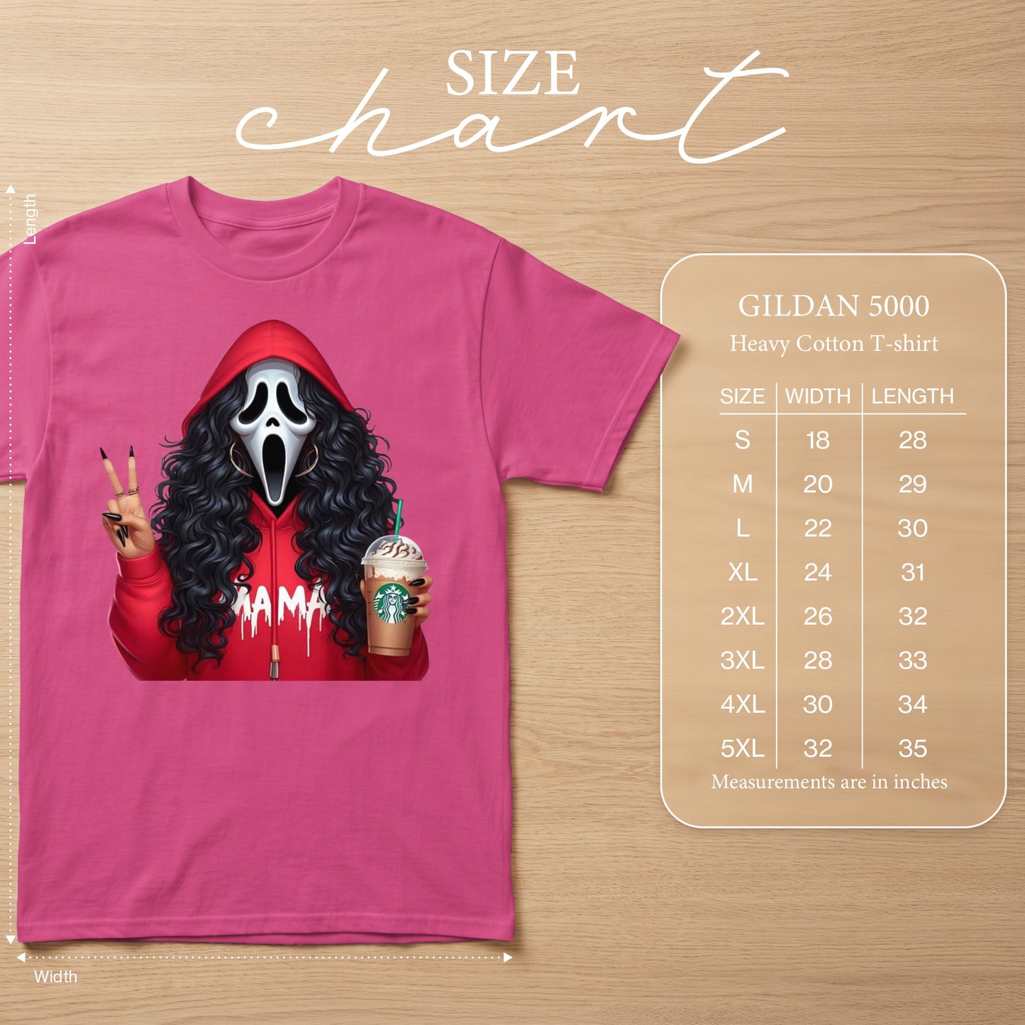 Pink t-shirt with Ghostface mask, red hoodie, and "MAMA" graphic, with size chart.